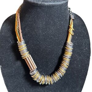 New Tag Vintage Jewelry Necklace 10" Artistic Modern Mixed Metal & Cord  Cluster